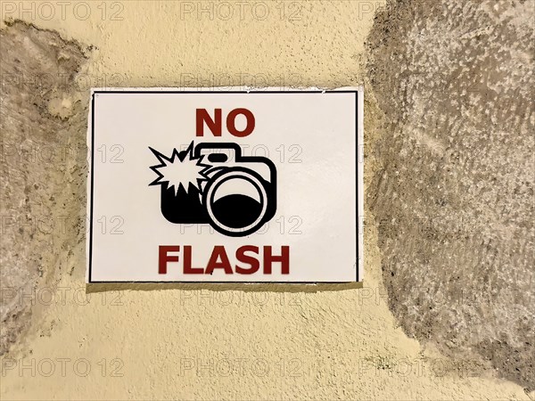 Prohibition sign Notice photography with flash prohibited tourist information in museum of UNESCO