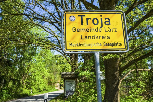 Town sign Troja Mueritz, Laerz, Mecklenburg-Vorpommern, Germany, Europe