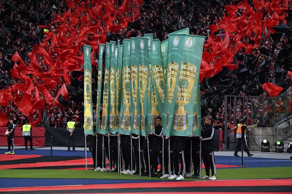 Flags, DFB flags in front of the fan curve, fan block, many fans in red, atmospheric, Bayer 04