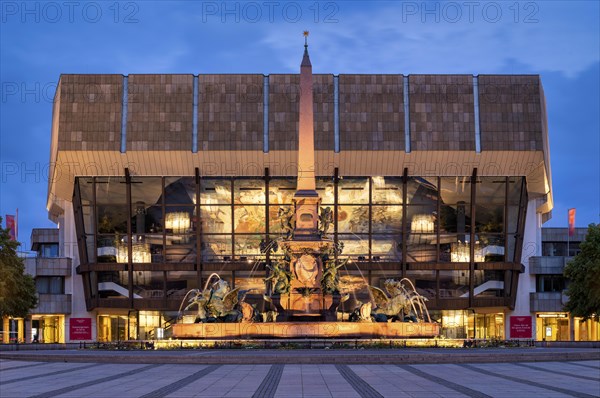 Gewandhaus, Konzerthaus, Mendebrunnen, Augustusplatz, evening mood, blue hour, Leipzig, Saxony,