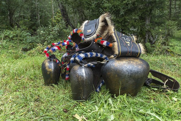 Cowbell jewellery for the cattle drive, gabled house, Bad Hindelang, Allgaeu, Bavaria, Germany,