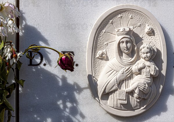 Religious symbols on the graves in a cemetery in Chiclana, Andalusia, Spain, Europe