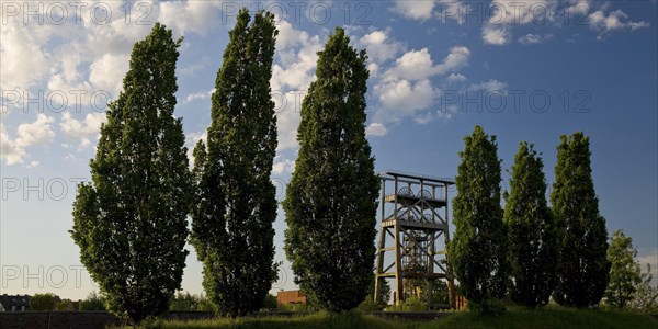 Gneisenau district park with the double trestle structure of the disused colliery, Derne, Dortmund,