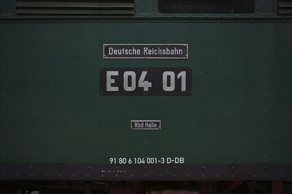 Type plate of the class E04 electric locomotive, Deutsche Reichsbahn DR, museum track 24 with