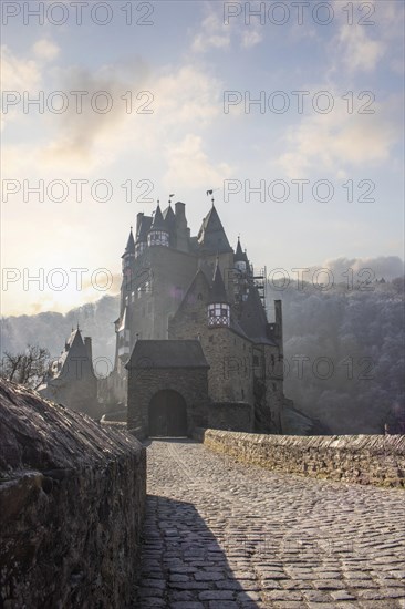 View of Eltz Castle. A landscape in autumn on a frosty morning with ripe and fog. The famous castle
