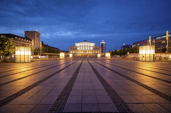 Opera, Winter Garden Tower, Krochhochhaus, Augustusplatz, evening mood, blue hour, Leipzig, Saxony,