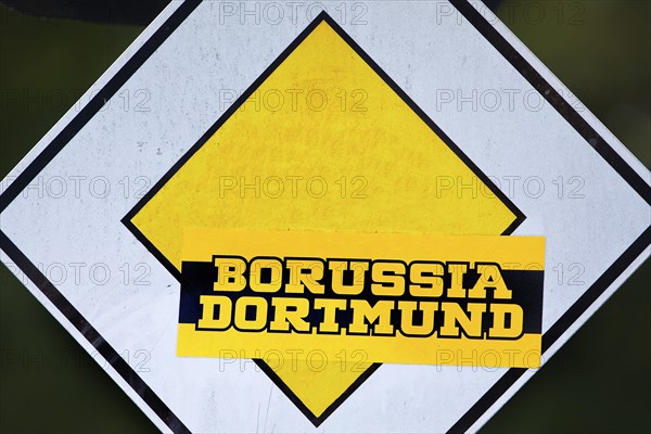 Right of way sign with Borussia Dortmund sticker, symbol photo, Dortmund, Ruhr area, North