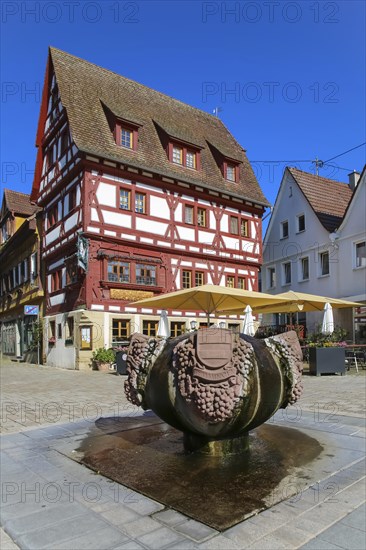 Fountain with inscription Gemmingen, stone grapes, water features, Ratsstueble restaurant at the