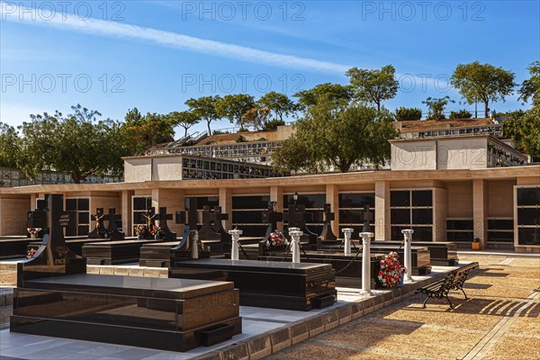 Large cemetery with tombs and religious symbols in Chiclana, Andalusia, Spain, Europe
