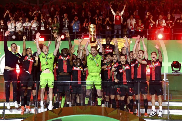 Cheering, joy, winner's celebration, honour, award ceremony of the cup winner Bayer 04 Leverkusen,