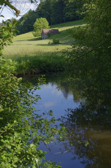 Rottal near Oberrot, cycle path, river, stream, red, green, May, Swabian-Franconian Forest nature