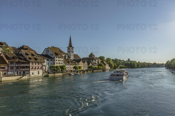 View of the old town of Diessenhofen with excursion boat on the Rhine, Canton Thurgau, Switzerland,