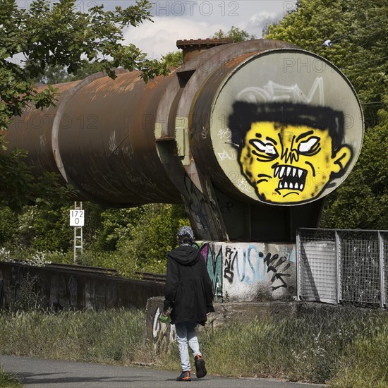 Phoenix-Park at the Phoenix-West blast furnace, path to the Hympendahl slag heap with graffiti,