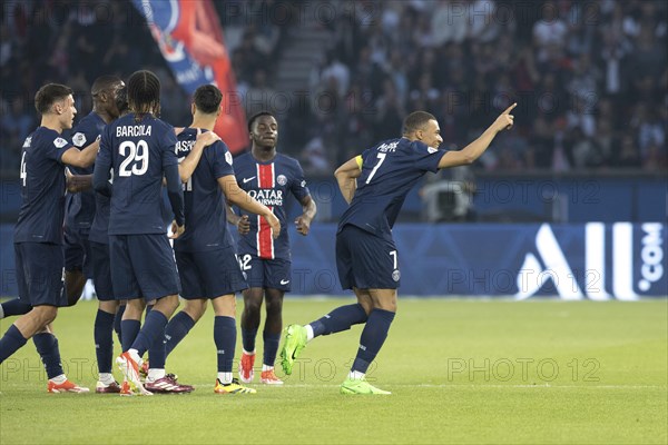 Football match, captain Kylian MBAPPE' Paris St. Germain right has just scored the 1:0 for Paris St