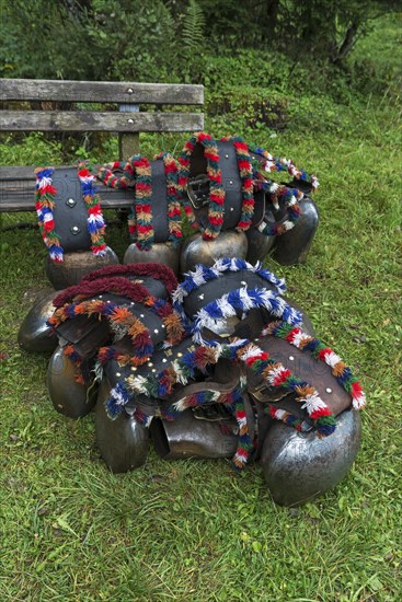 Cow jewellery bells, prepared for the cattle drive, gabled house, Bad Hindelang, Allgaeu, Bavaria,