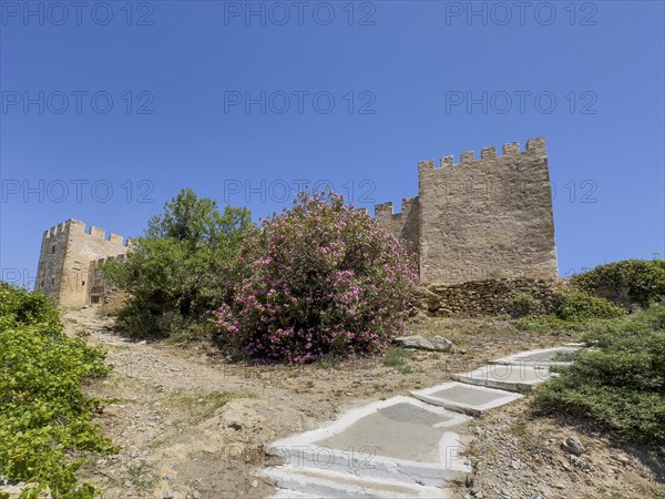 Exterior view with two corner towers walls battlements of Fort Fortezza Fortetza Frangokastello