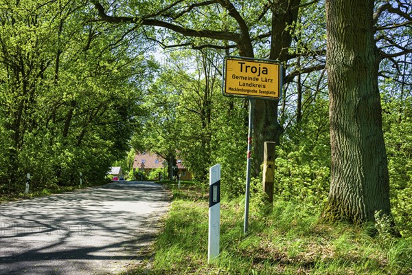 Town sign Troja Mueritz, Laerz, Mecklenburg-Vorpommern, Germany, Europe