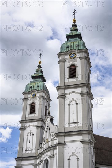 The twin towers of the Catholic parish church of St Peter, formerly the monastery church of the