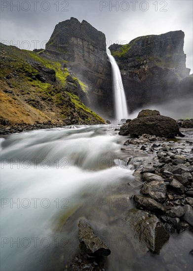 Haifoss and Granni waterfall at a canyon, Fossá í Thjórsárdal, with river í Thjórsárdal, long