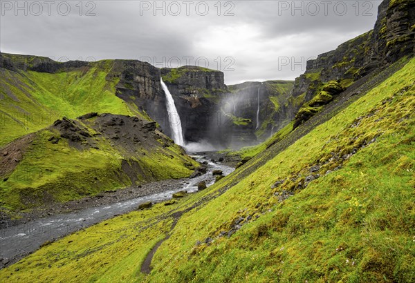Haifoss and Granni waterfall at a canyon, Fossá í Thjórsárdal, with river í Thjórsárdal, Hekla,