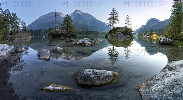 Hochkalter reflected in Hintersee, at sunset, Berchtesgaden National Park, Ramsau, Upper Bavaria,