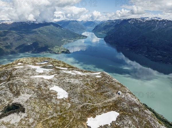Lustrafjord, branch of Sognefjord, view towards east end to Fortun and Skjolden, hut of a weather