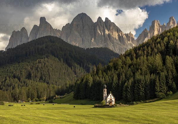 St. Johann Chapel in front of the Geisler peaks, Villnoss Valley, South Tyrol