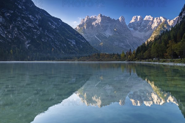 Lake Dürrensee in front of Monte Cristallo in the morning, Dolomites, South Tyrol