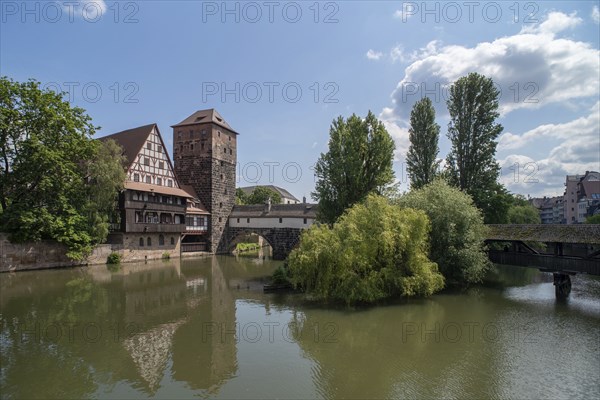 View of the historic ensemble consisting of the Weinstadel, Henkersteg and Wassrmturm, Nuremberg,