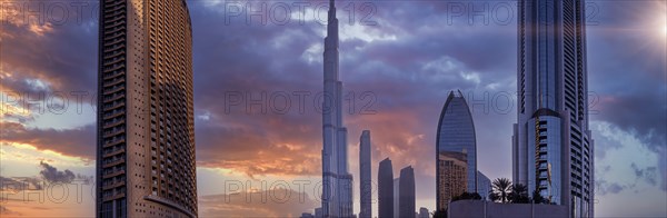 UAE, Dubai panoramic skyline view of city downtown and Dubai Mall