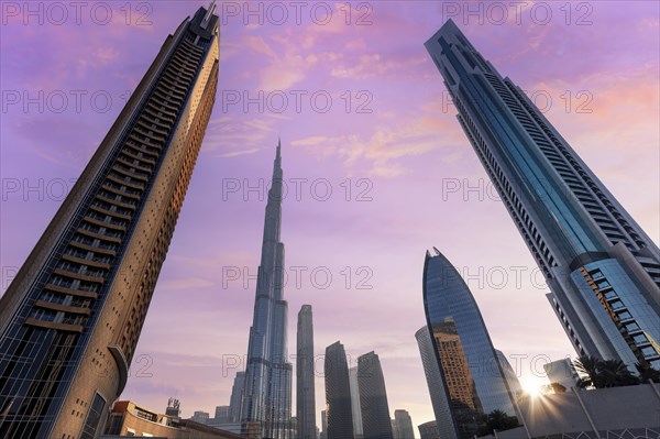 UAE, Dubai panoramic skyline view of city downtown and Dubai Mall