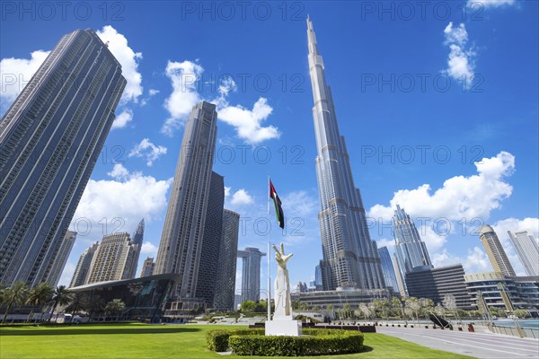 UAE, Dubai panoramic skyline view of city downtown and Dubai Mall
