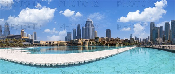 UAE, Dubai panoramic view of city downtown, Dubai Mall and Dubai Fountain