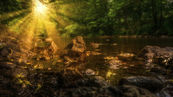 The sun shines through the leaves of the forest at the edge of the stream and illuminates the water