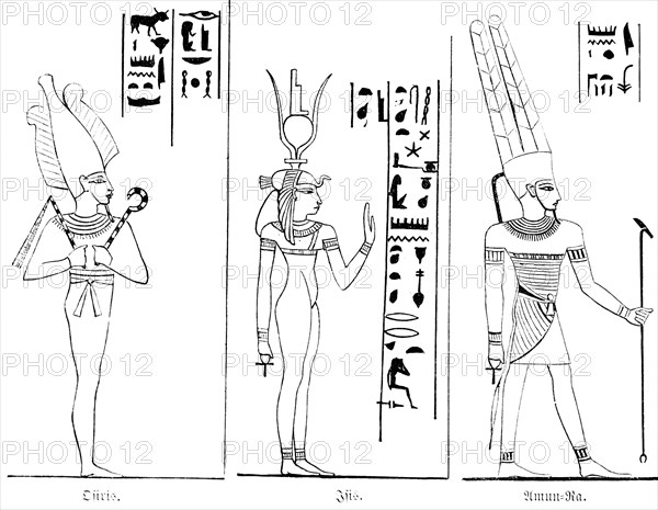 The gods Osiris, Isis and Amun-Ra, Egyptian mythology, hieroglyphics, historical illustration 1880,