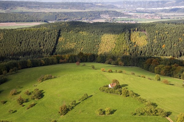 Landscape in Saaleholzland with a view from the keep of Leuchtenburg Castle, Jena can be seen on