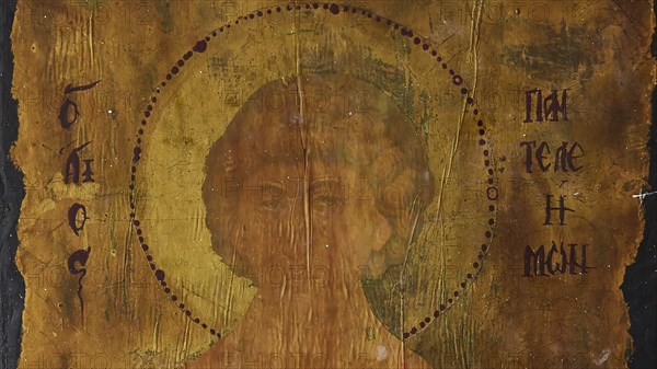 Yellowed antique painting of a religious icon on old paper with visible patina, Kastro Monolithou,