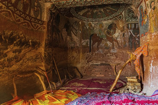 Frescos on the wall of rock hewn Abuna Yemata Guh church in Hawzen