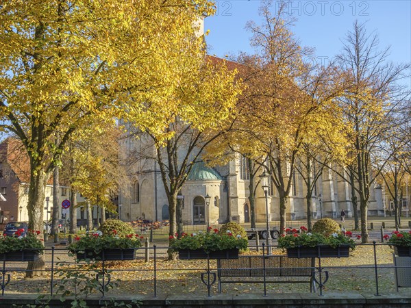 Church in autumn with yellow glowing trees and flower beds in the foreground, nottuln, münsterland,