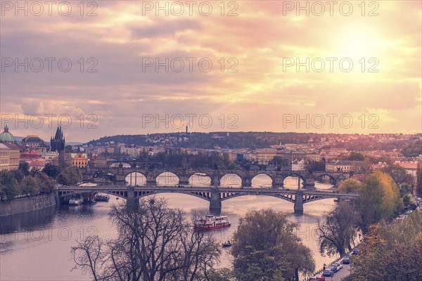 Aerial view from the Bridge tower on Charles Bridge and Prague Castle, Czech Republic, Europe