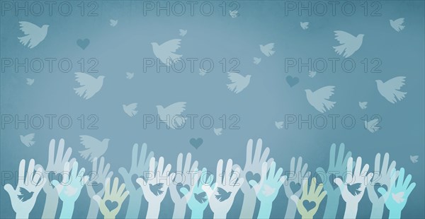 Dove and heart flying from hand, international peace day, faith, freedom, charity and help concept,