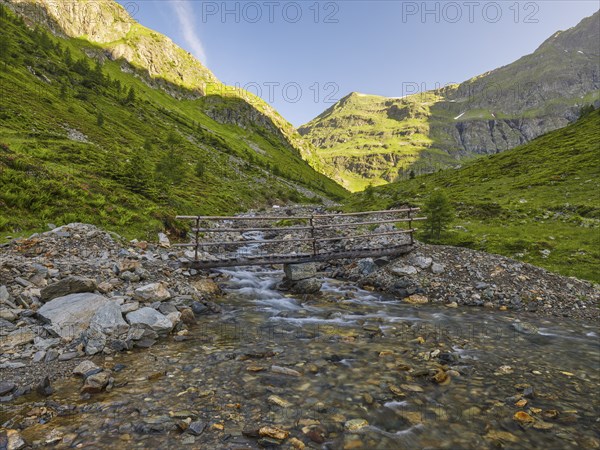 Wooden bridge on the way to Landawirsee, blue sky, morning, Schladminger Tauern, Goriach, Lungau,