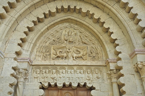 Tympanum of the portal of the Priory of Notre-Dame church built 12th century, detail, priory,