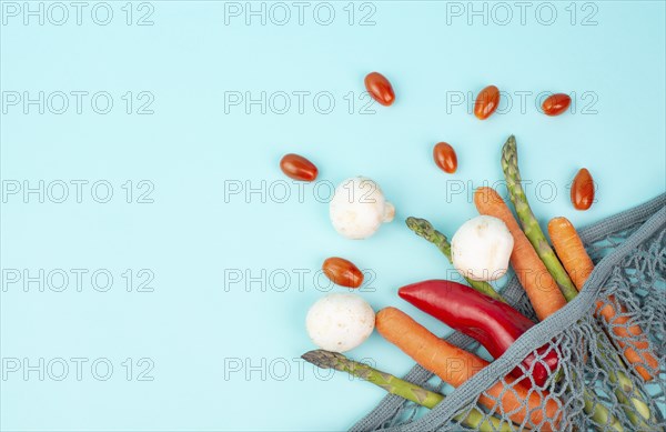 Asparagus sprout, mushrooms, carrots and tomatoes, zero waste, mesh bag with vegetables, shopping