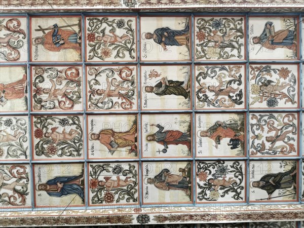 Church ceiling, painting with biblical scenes, late Gothic St Vitus and St Michael's Church,