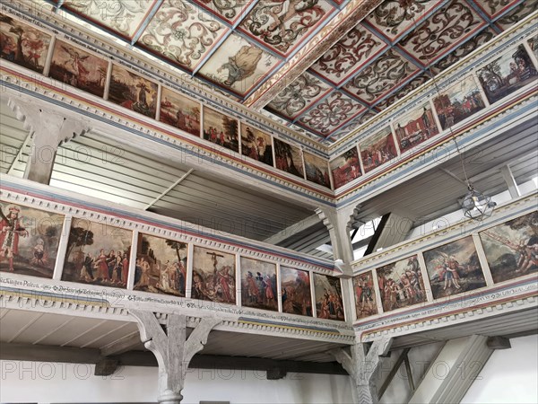 Church ceiling and galleries, painted with biblical scenes, late Gothic St Vitus and St Michael's