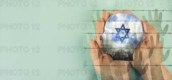 Holding face with flag of Israel, Star of David and barbed wire with hands, war between jewish and
