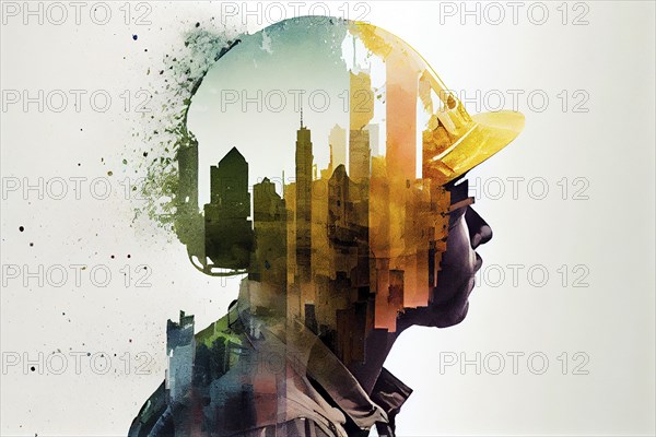Construction worker, building engineer or architect wearing a helmet, double exposure with