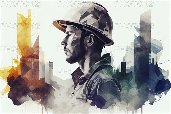 Construction worker, building engineer or architect wearing a helmet, double exposure with