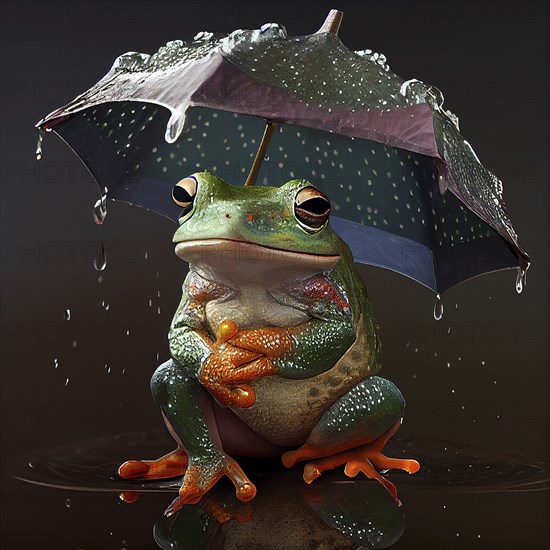 Green frog sitting under an umbrella with raindrops, rainy weather, puddle on the ground, amphibian